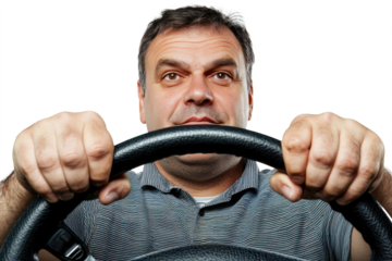Car driver with steering wheel, no background