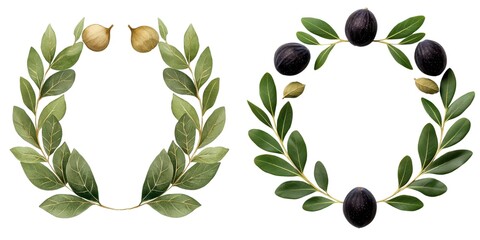 Two olive wreaths with green and black olives against a white background.