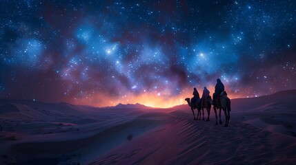 A peaceful desert scene with astrologers riding camels toward a glowing star, their faces deep in contemplation, the night sky filled with stars,