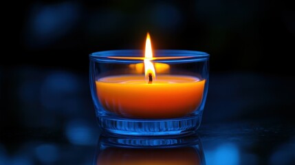 A candle is lit in a clear glass. The candle is lit in a dark room
