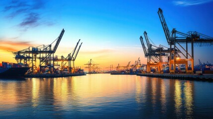 A cutting-edge harbor with cranes silhouetted against a clear evening sky, Symbolizing the seamless flow of goods worldwide, photography style