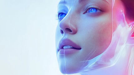 Fototapeta premium A futuristic portrait of a woman with ethereal features and vibrant blue eyes, blending technology with beauty.