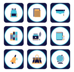 Set of school vector icons inside a dark blue rectangle with a white background