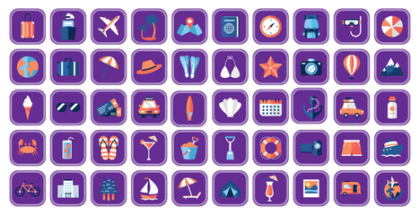 Set of purple summer vacation vector icons with white background