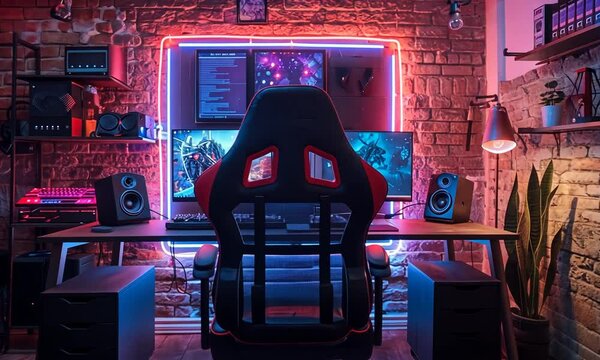 A gamer's dream setup with a red and blue neon light, a comfortable chair, and a powerful computer in a cozy room.