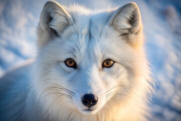 Arctic fox close-up portrait with soft white fur and amber eyes