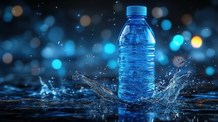 A bottle of water is sitting in a pool of water with a splash. The water is blue and the bottle is clear. Concept of calmness and relaxation, as the water