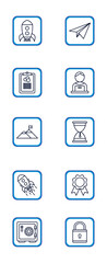 Set of vector business icons in black lines with blue border on white background