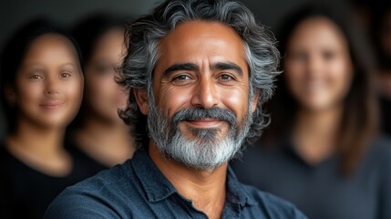 Fototapeta premium A man with a beard and gray hair is smiling for the camera. He is surrounded by other people, but the focus is on him. Scene is happy and friendly