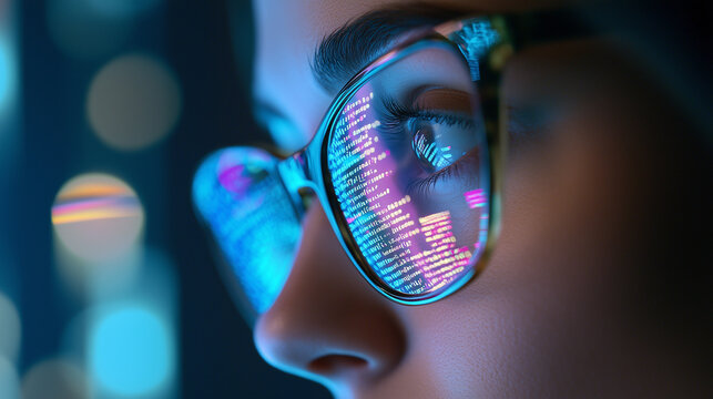 Closeup, portrait or woman with glasses and coding reflection for vision, eyes healthcare or wellness. Innovation, half face or programmer reading online code software for development on computer