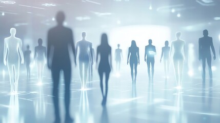 A group of silhouettes walking in a futuristic, softly lit environment, conveying themes of anonymity and crowd dynamics.