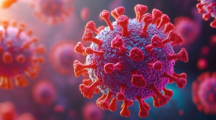 A close up of a red and blue virus. The virus is surrounded by a blue and red background