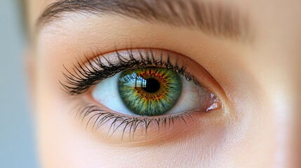 Fototapeta premium A woman's eye is shown in a close up. The eye is green and has a yellowish tint