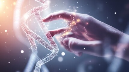 A hand reaching towards a glowing DNA strand, symbolizing genetic research, biotechnology, and the future of medicine.