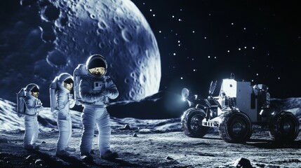 Robotic lunar exploration mission, moon base with lunar rovers and astronauts, Innovative style