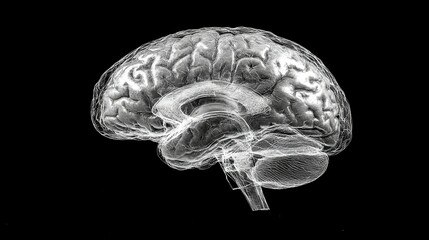 A brain is shown in a black and white photo. The brain is shown in a very detailed and realistic manner, with every part of it clearly visible