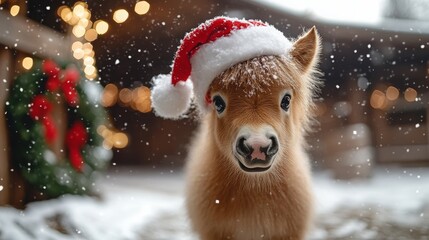 Adorable pony wearing a Santa hat in the snow during a festive winter celebration