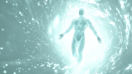 A luminous figure emerges from a glowing vortex, symbolizing transformation, spirituality, and the journey of self-discovery.
