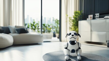 Robotic pet companion development lab, modern home environment with robotic pets and AI interfaces, High-tech style