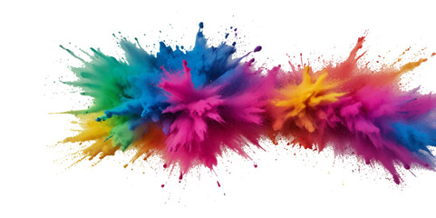 Vector colorful vibrant rainbow, smoke and cloud paint color powder explosion with bright colors isolated  on transparent background. Multicolored explosion of rainbow powder paint festival background