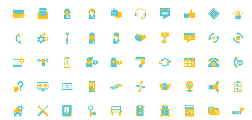 Set of yellow and blue telecommunications vector icons with a white background