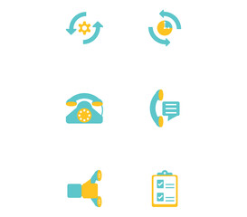 Set of yellow and blue telecommunications vector icons with a white background