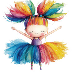 Fototapeta premium A joyful, colorful dancing girl with vibrant hair and a lush tutu, perfect for children's art and playful themes.