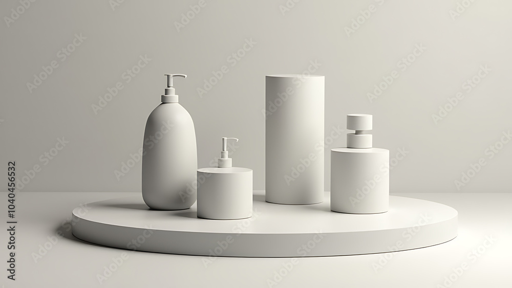 Poster A minimalist concrete product display stands on a simple podium with an accompanying 3D render illustration.