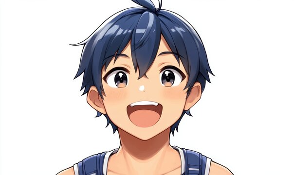 Young boy with blue hair and a blue tank top - People
