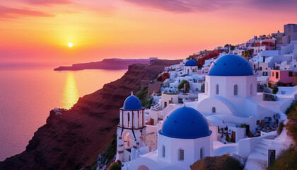 Obraz premium A stunning view of Santorini's caldera features its famous blue-domed churches.