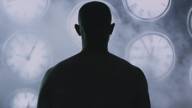 Man Silhouetted By Clock Faces Time Concept Surreal Imagery Dramatic Mood