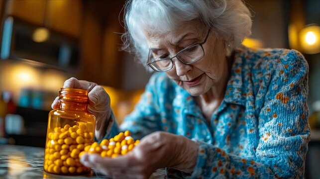 An elderly woman looking at pills in a bottle