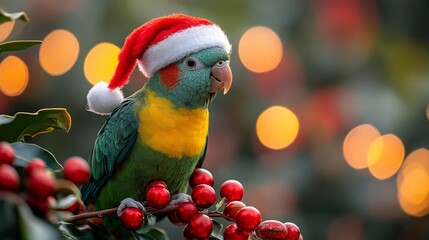 Fototapeta premium A parakeet wearing a Santa hat perched on festive decorations during the holiday season