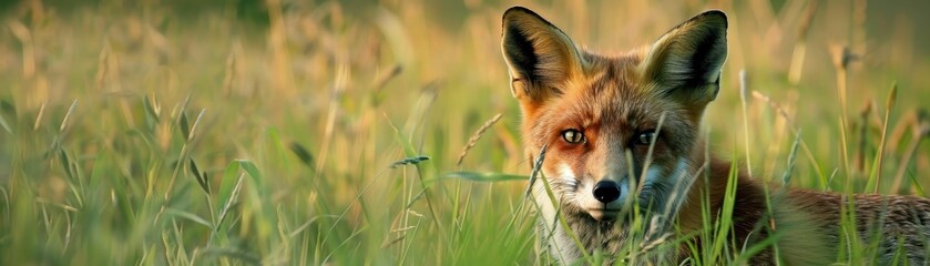 A captivating glimpse of a fox in its natural habitat surrounded by lush green grass and the beauty of nature