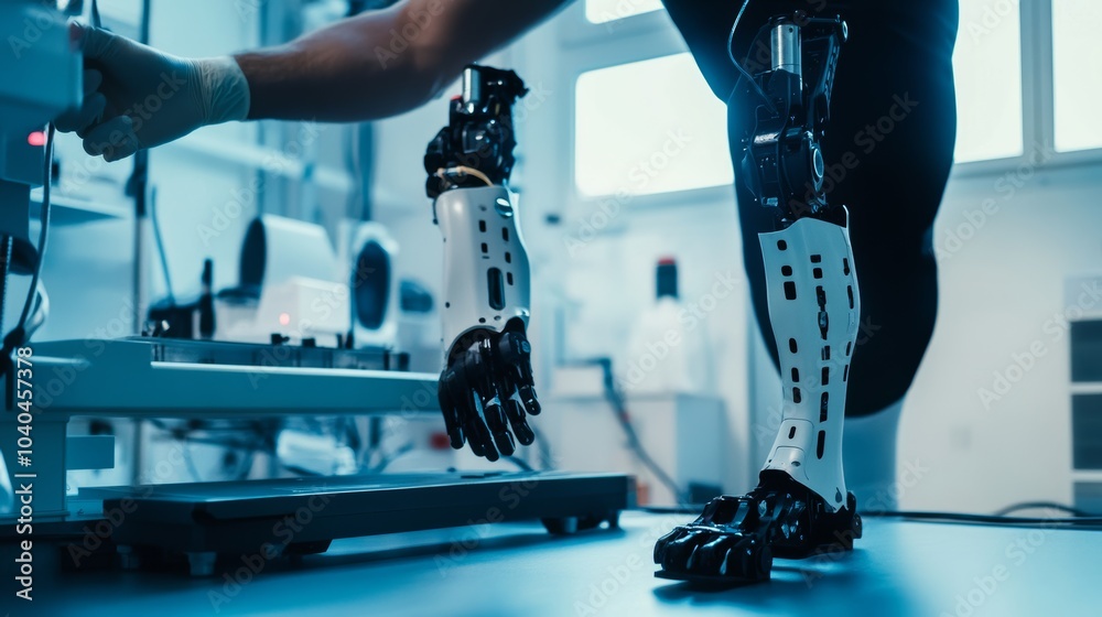 Poster robotic prosthetic limb testing laboratory, medical research facility with advanced robotic limbs an