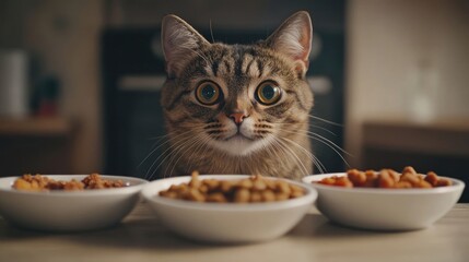 Close-up of a Cat's Face and Paws with Three Bowls of Dry Food on Table