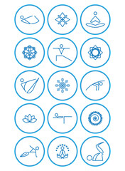 Set of yoga icons inside a circle of blue lines