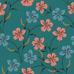 Obraz premium Seamless floral pattern, elegant ditsy print, abstract ornament with green blooming field in retro motif. Pretty botanical design: small hand drawn wild flowers, grass, leaves. Vector illustration.