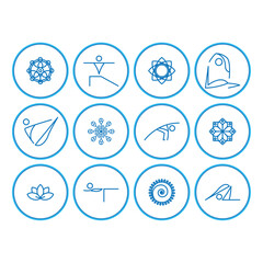 Set of yoga icons inside a circle of blue lines