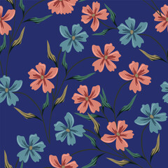 Seamless floral pattern, elegant ditsy print, abstract ornament with green blooming field in retro motif. Pretty botanical design: small hand drawn wild flowers, grass, leaves. Vector illustration.