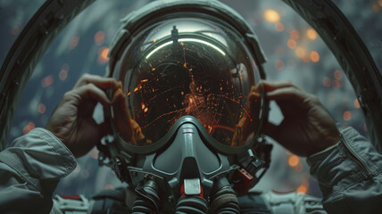 Fototapeta premium A fighter pilot, dressed in full flight gear, tightens the straps on their harness as they prepare for takeoff.