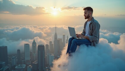Professional Working Remotely from a Cloud with Laptops, Digital Nomad Lifestyle, Remote Work Concepts