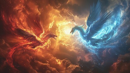 A vivid clash of elements the fiery phoenix and icy dragon engage in a stunning celestial battle amidst dramatic clouds and vibrant colors