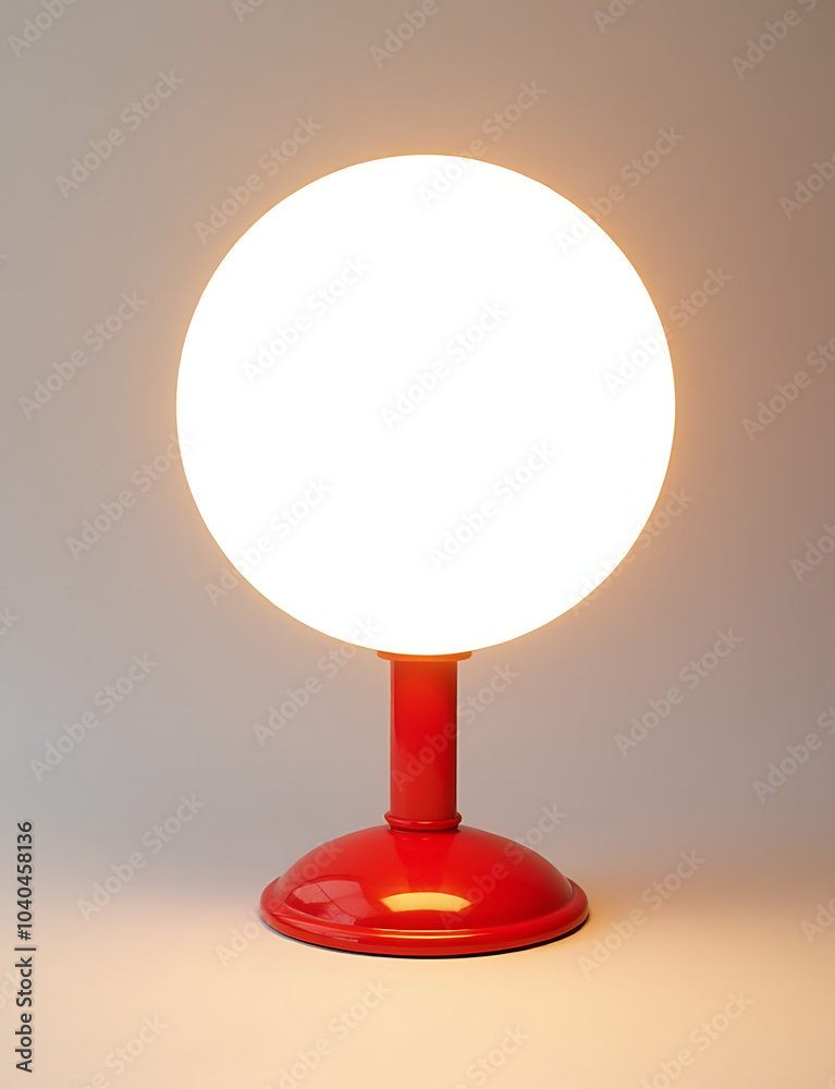 Fototapete A simple red and white stand holds a glowing white circular light source for display purposes.