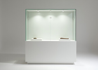 A sleek minimalist display case made of textured glass and white material is perfect for modern design.