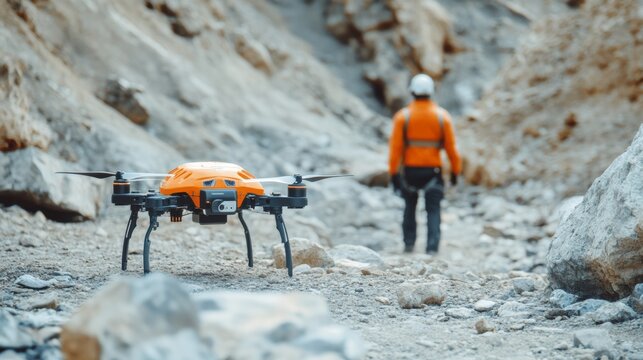 Robotic rescue drones conducting search and rescue missions in hazardous terrains, disaster relief operations with autonomous rescue units, Emergency Response style