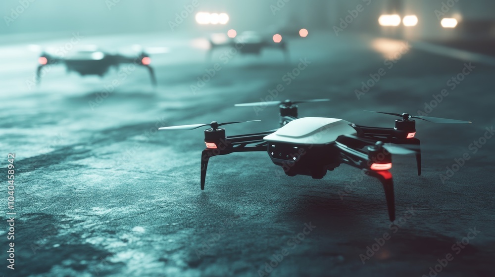 Poster robotic security drones patrolling a high-security government facility, secure facility with autonom