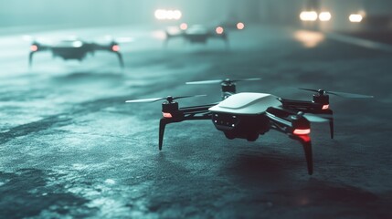 Robotic security drones patrolling a high-security government facility, secure facility with autonomous surveillance units, Government Security style