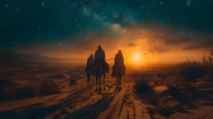 Fototapeta premium Three astrologers in deep contemplation, riding camels toward a brilliant star in the sky, the quiet desert around them bathed in soft starlight,
