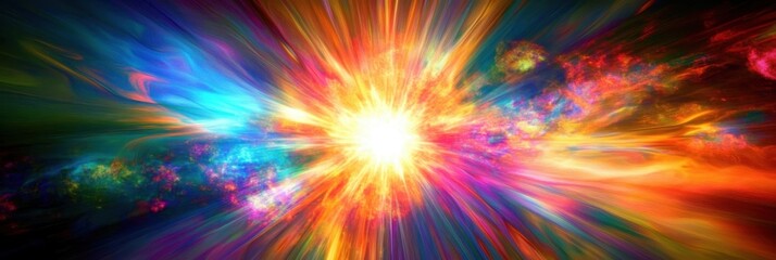 Fototapeta premium Cosmic explosion, vibrant burst of energy, multicolored light rays, abstract space art, galactic core, celestial phenomenon, radiant starburst, kaleidoscopic nebula, psychedelic cosmos, interstellar l